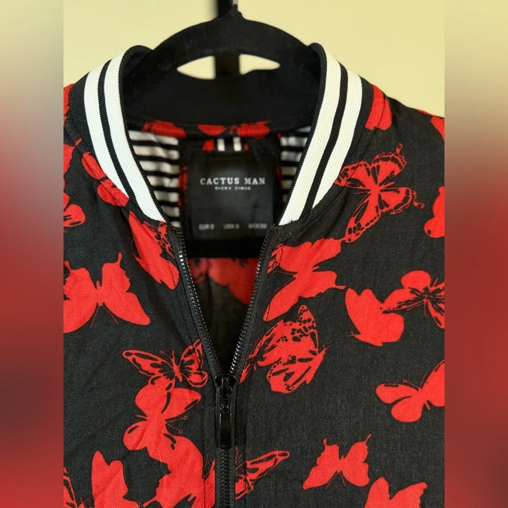 Cactus Man Retro Unisex Butterfly Zip Bomber Jacket Red Black Streetwear Small - Picture 7 of 10